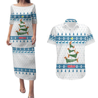 Dachshund Dog Tree Stack Couples Matching Puletasi and Hawaiian Shirt with Blue White Paw Print Pattern Design - Wonder Print Shop