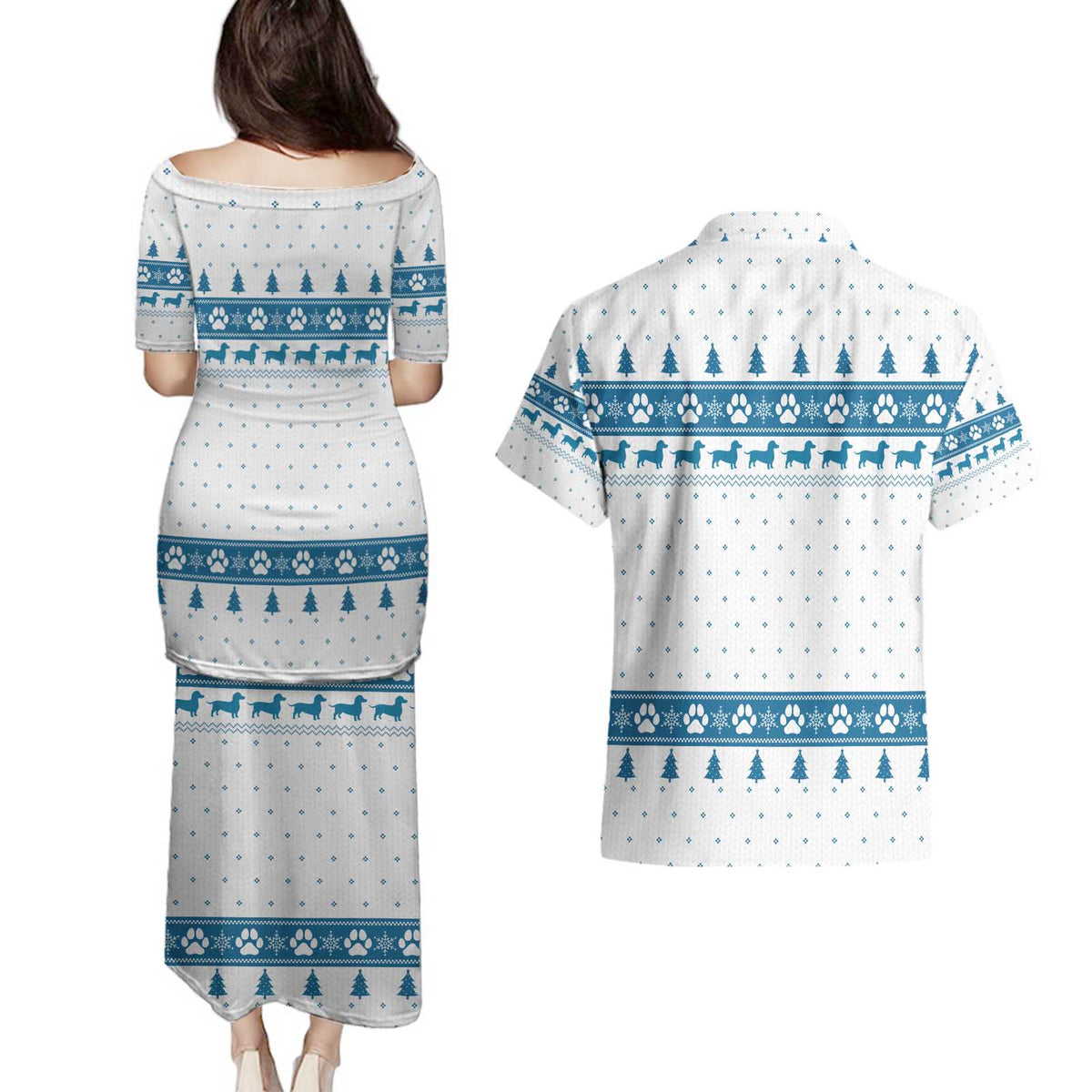 Dachshund Dog Tree Stack Couples Matching Puletasi and Hawaiian Shirt with Blue White Paw Print Pattern Design - Wonder Print Shop
