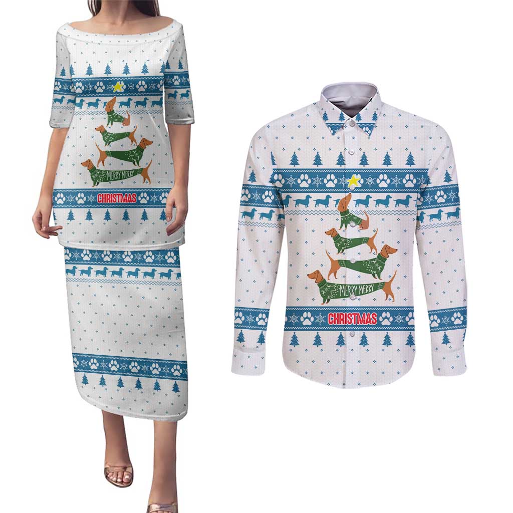 Dachshund Dog Tree Stack Couples Matching Puletasi and Long Sleeve Button Shirt with Blue White Paw Print Pattern Design - Wonder Print Shop