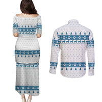 Dachshund Dog Tree Stack Couples Matching Puletasi and Long Sleeve Button Shirt with Blue White Paw Print Pattern Design - Wonder Print Shop