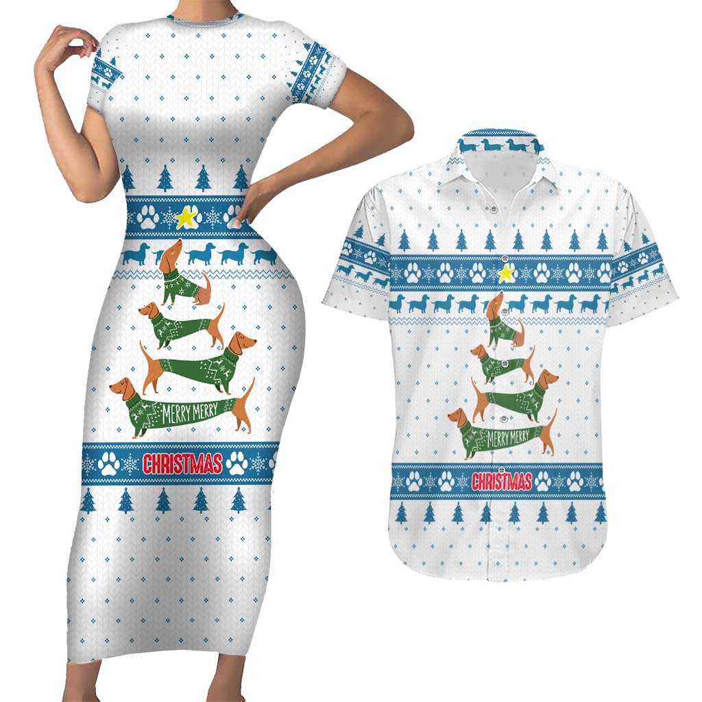 Dachshund Dog Tree Stack Couples Matching Short Sleeve Bodycon Dress and Hawaiian Shirt with Blue White Paw Print Pattern Design - Wonder Print Shop