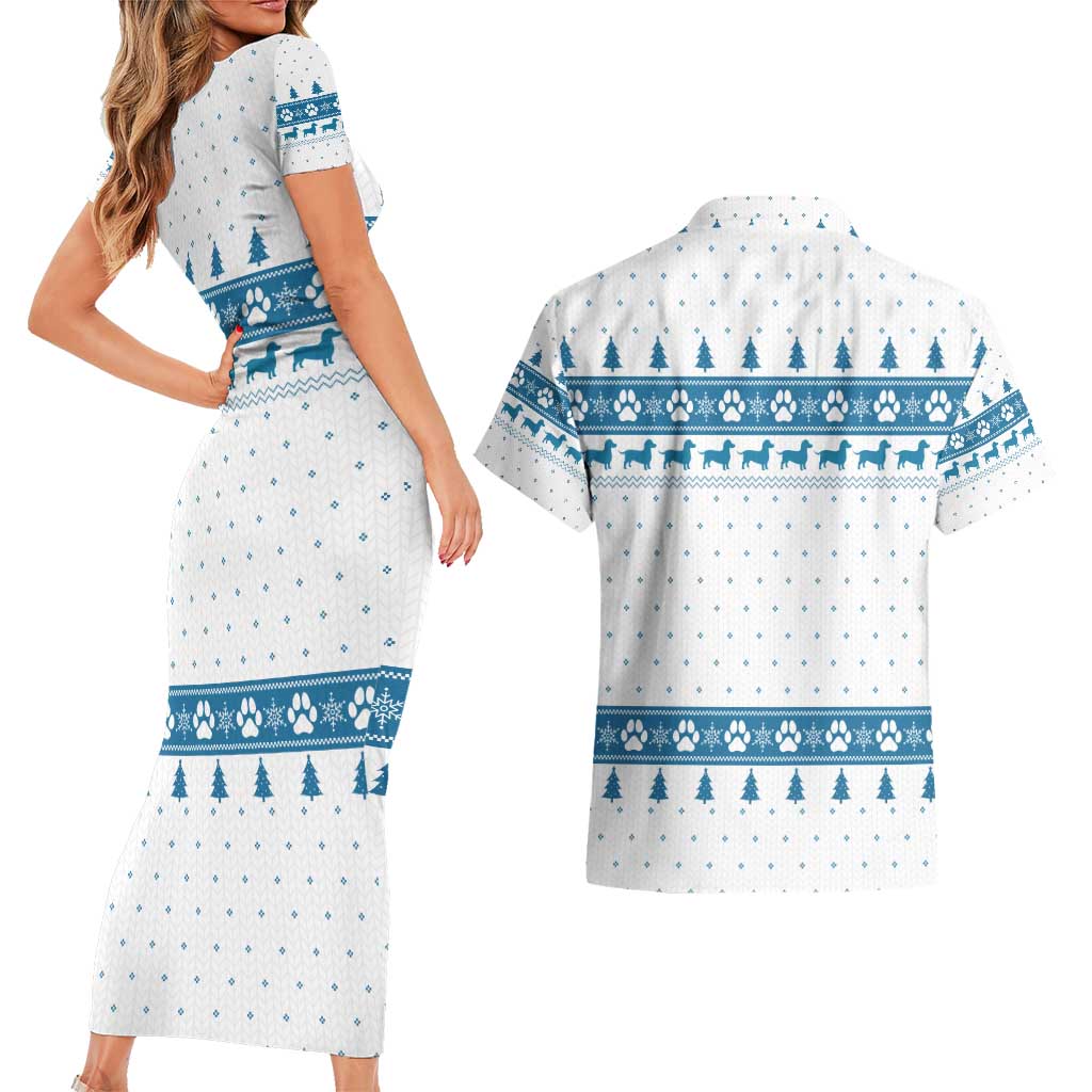 Dachshund Dog Tree Stack Couples Matching Short Sleeve Bodycon Dress and Hawaiian Shirt with Blue White Paw Print Pattern Design - Wonder Print Shop