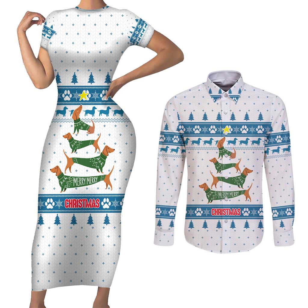 Dachshund Dog Tree Stack Couples Matching Short Sleeve Bodycon Dress and Long Sleeve Button Shirt with Blue White Paw Print Pattern Design - Wonder Print Shop