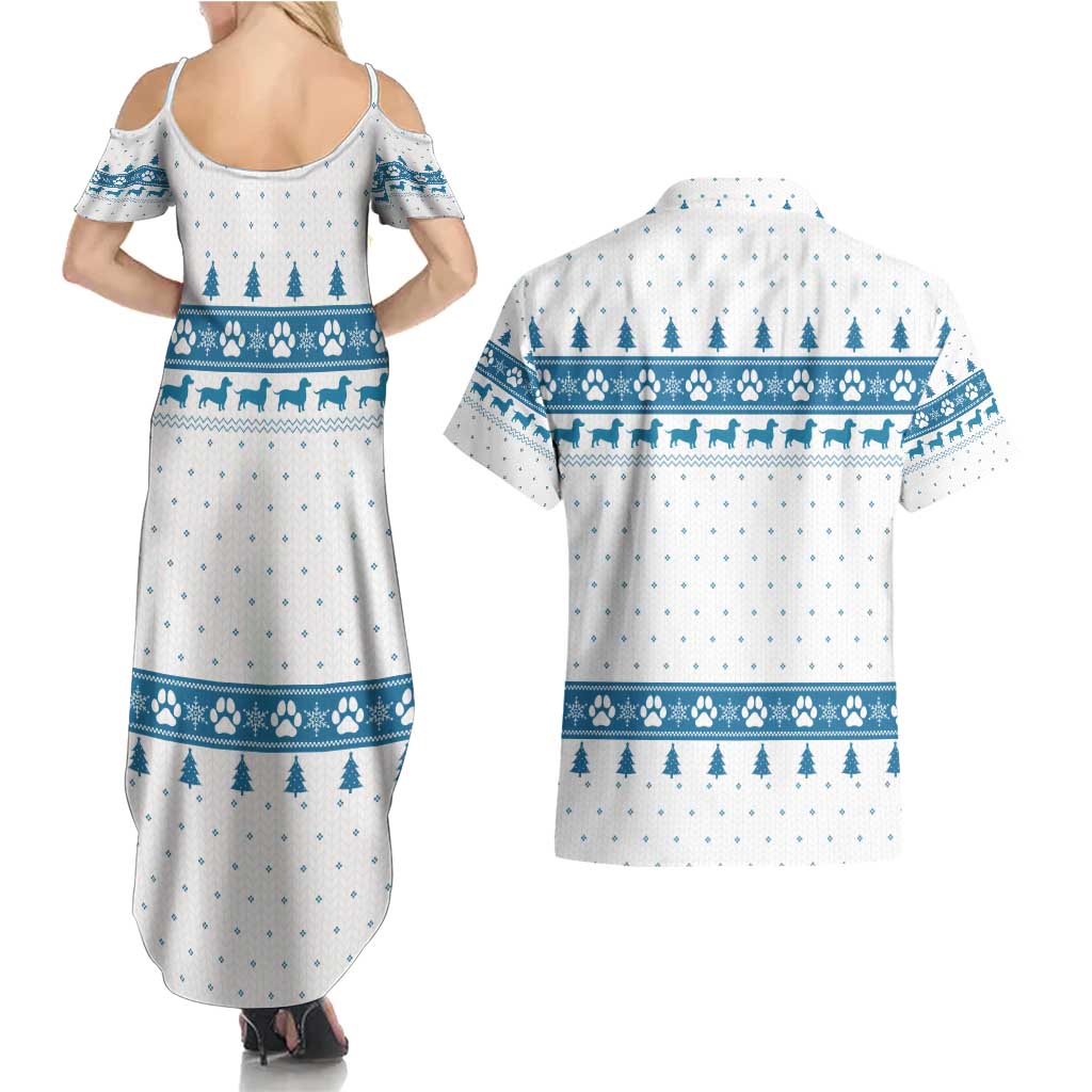 Dachshund Dog Tree Stack Couples Matching Summer Maxi Dress and Hawaiian Shirt with Blue White Paw Print Pattern Design - Wonder Print Shop