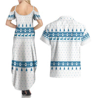 Dachshund Dog Tree Stack Couples Matching Summer Maxi Dress and Hawaiian Shirt with Blue White Paw Print Pattern Design - Wonder Print Shop