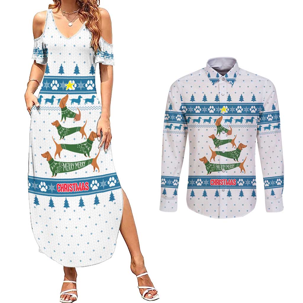 Dachshund Dog Tree Stack Couples Matching Summer Maxi Dress and Long Sleeve Button Shirt with Blue White Paw Print Pattern Design - Wonder Print Shop