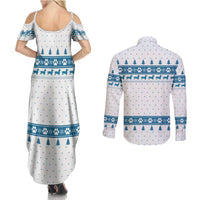 Dachshund Dog Tree Stack Couples Matching Summer Maxi Dress and Long Sleeve Button Shirt with Blue White Paw Print Pattern Design - Wonder Print Shop