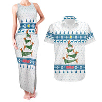 Dachshund Dog Tree Stack Couples Matching Tank Maxi Dress and Hawaiian Shirt with Blue White Paw Print Pattern Design - Wonder Print Shop