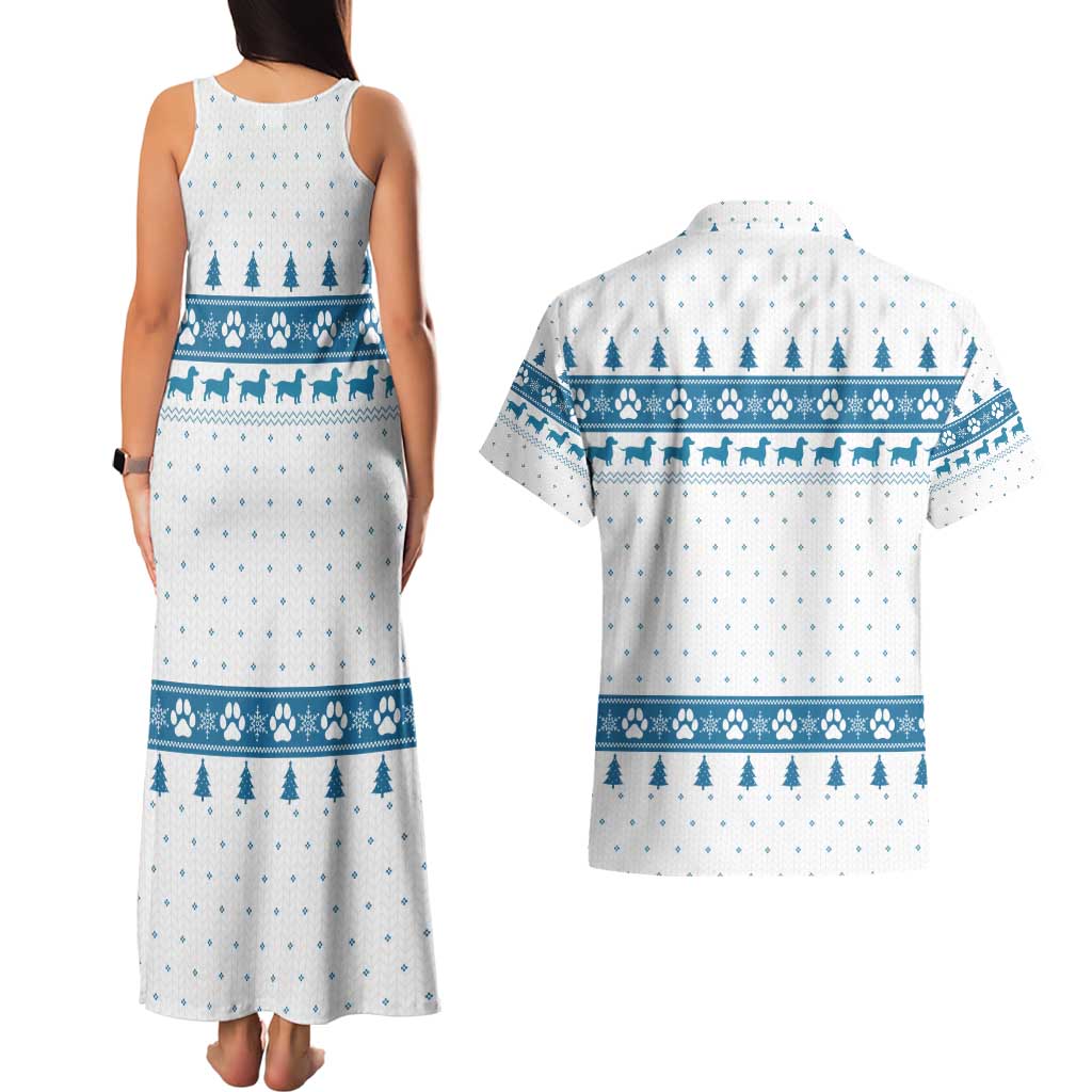 Dachshund Dog Tree Stack Couples Matching Tank Maxi Dress and Hawaiian Shirt with Blue White Paw Print Pattern Design - Wonder Print Shop