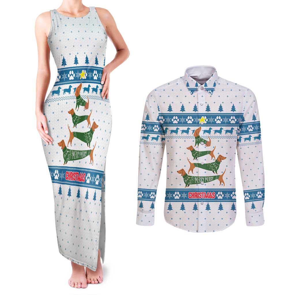 Dachshund Dog Tree Stack Couples Matching Tank Maxi Dress and Long Sleeve Button Shirt with Blue White Paw Print Pattern Design - Wonder Print Shop