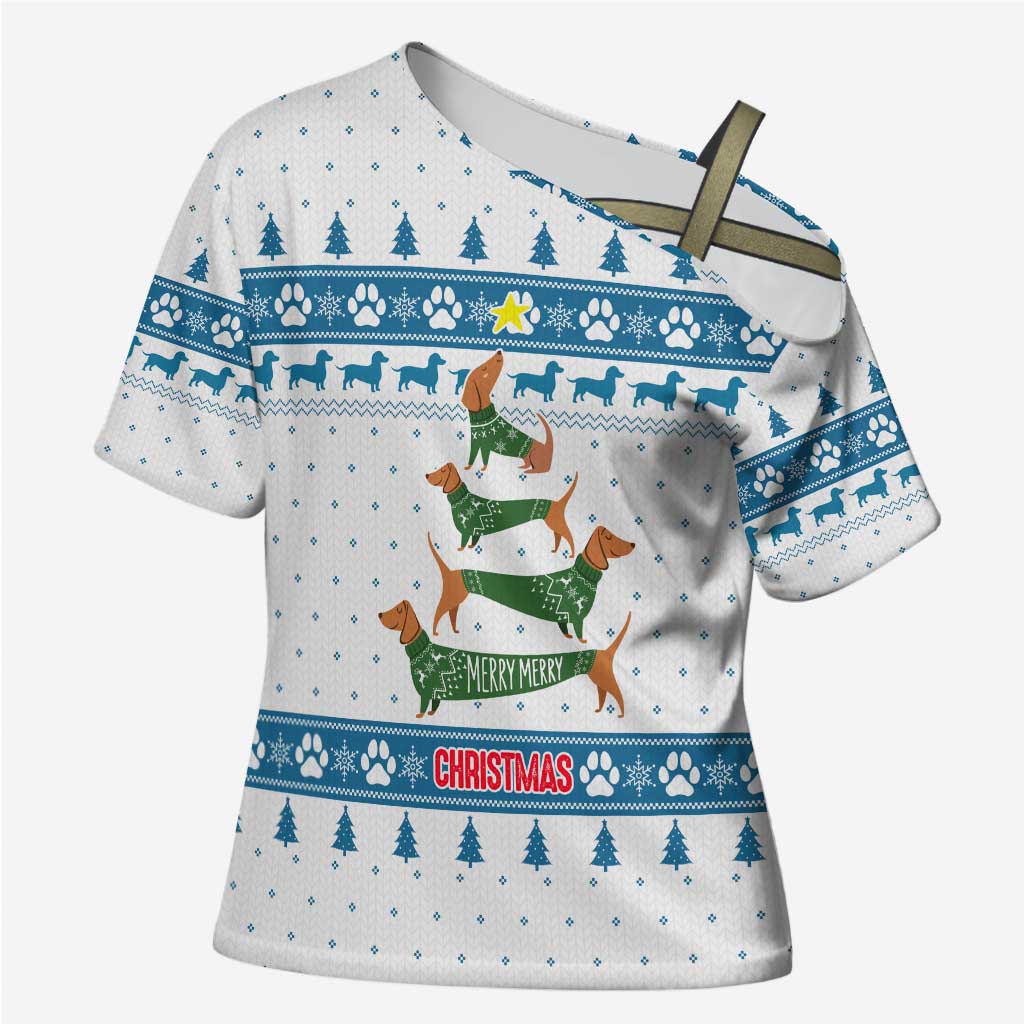 Dachshund Dog Tree Stack Cross Shoulder Shirt with Blue White Paw Print Pattern Design - Wonder Print Shop