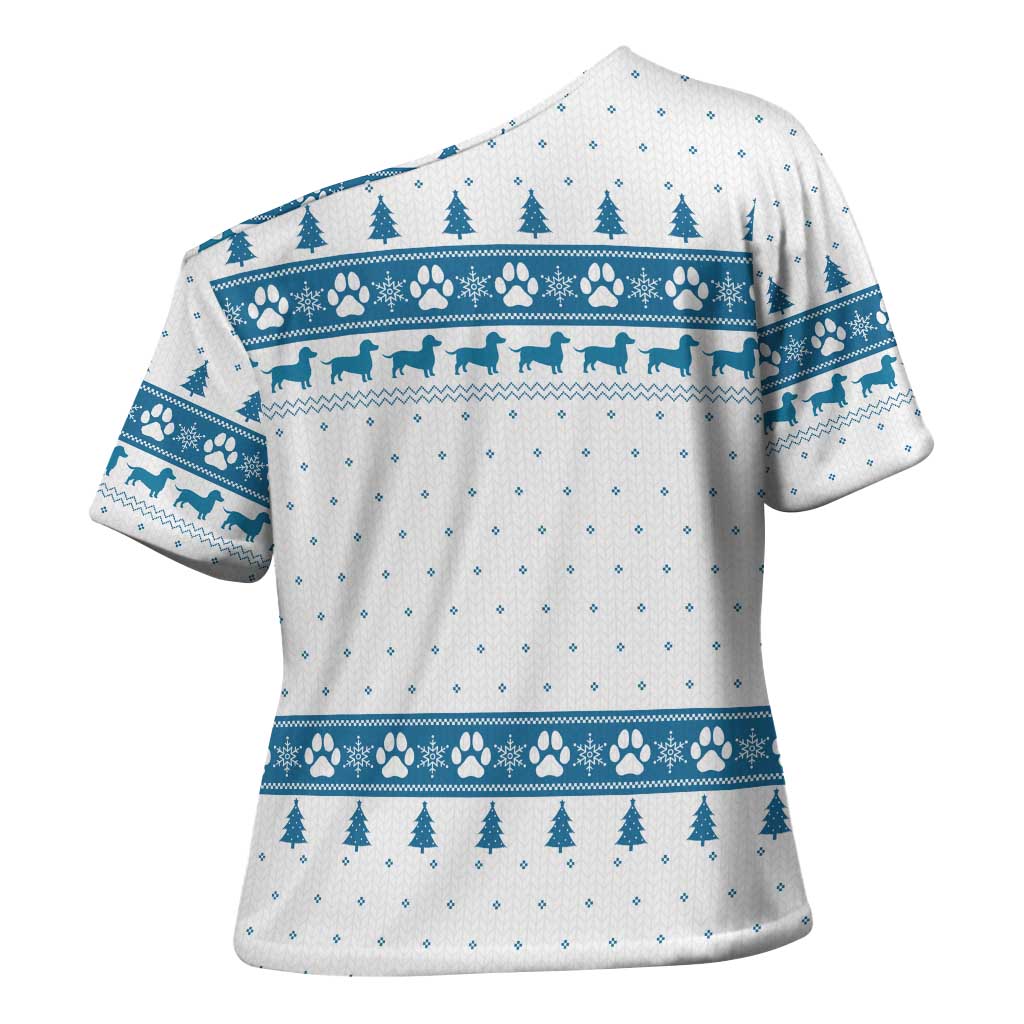 Dachshund Dog Tree Stack Cross Shoulder Shirt with Blue White Paw Print Pattern Design - Wonder Print Shop