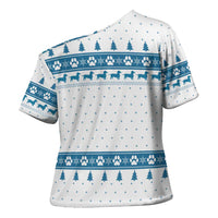 Dachshund Dog Tree Stack Cross Shoulder Shirt with Blue White Paw Print Pattern Design - Wonder Print Shop