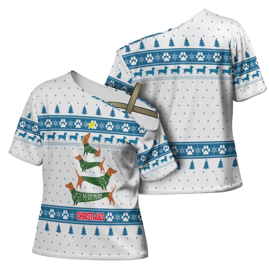 Dachshund Dog Tree Stack Cross Shoulder Shirt with Blue White Paw Print Pattern Design - Wonder Print Shop