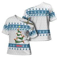 Dachshund Dog Tree Stack Cross Shoulder Shirt with Blue White Paw Print Pattern Design - Wonder Print Shop