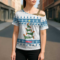 Dachshund Dog Tree Stack Cross Shoulder Shirt with Blue White Paw Print Pattern Design - Wonder Print Shop