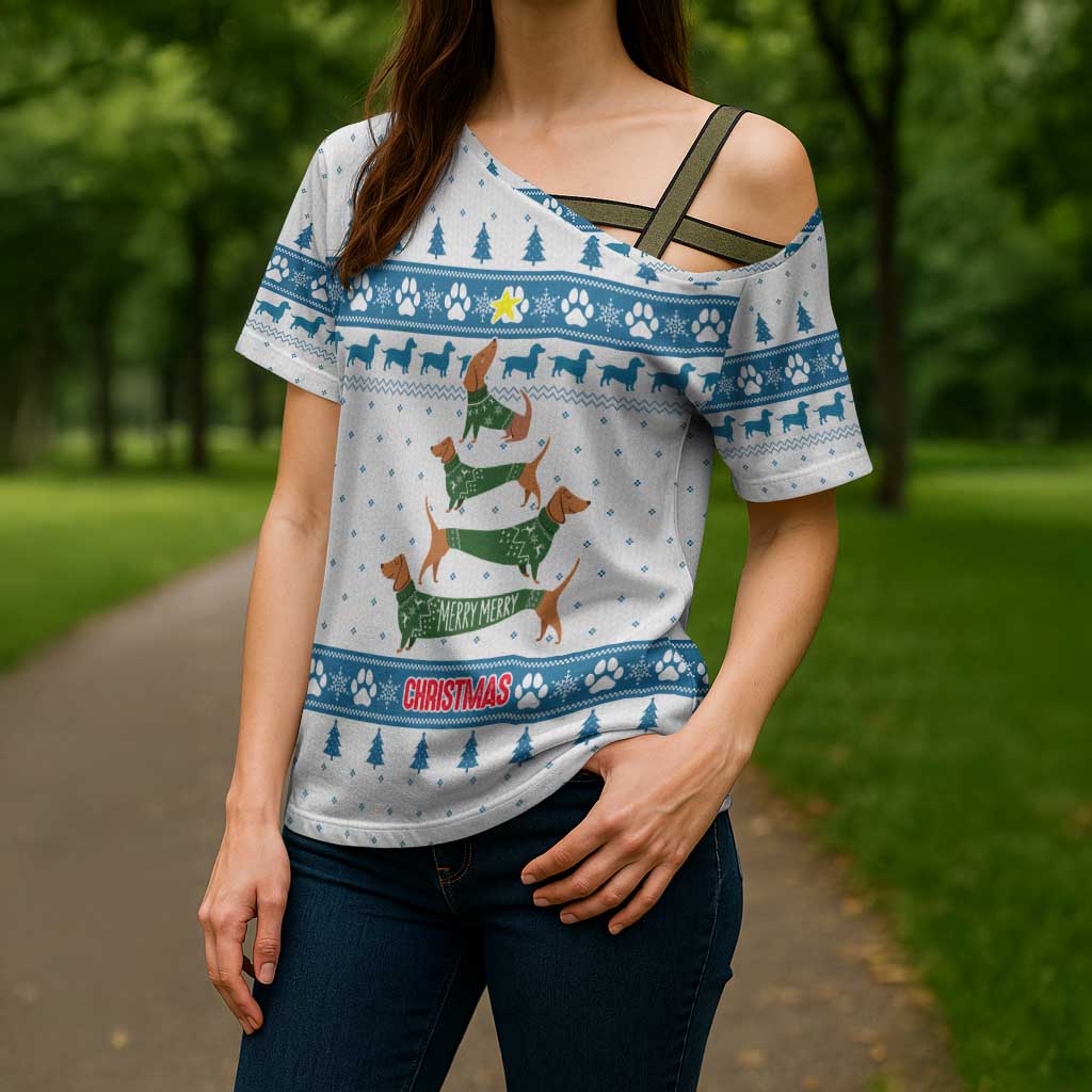 Dachshund Dog Tree Stack Cross Shoulder Shirt with Blue White Paw Print Pattern Design - Wonder Print Shop