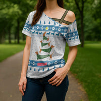 Dachshund Dog Tree Stack Cross Shoulder Shirt with Blue White Paw Print Pattern Design - Wonder Print Shop