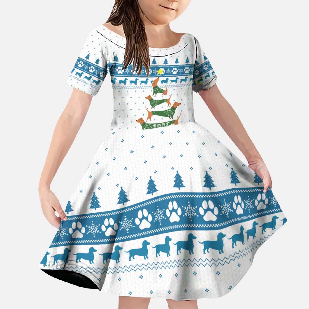 Dachshund Dog Tree Stack Family Matching Long Sleeve Bodycon Dress and Hawaiian Shirt with Blue White Paw Print Pattern Design - Wonder Print Shop