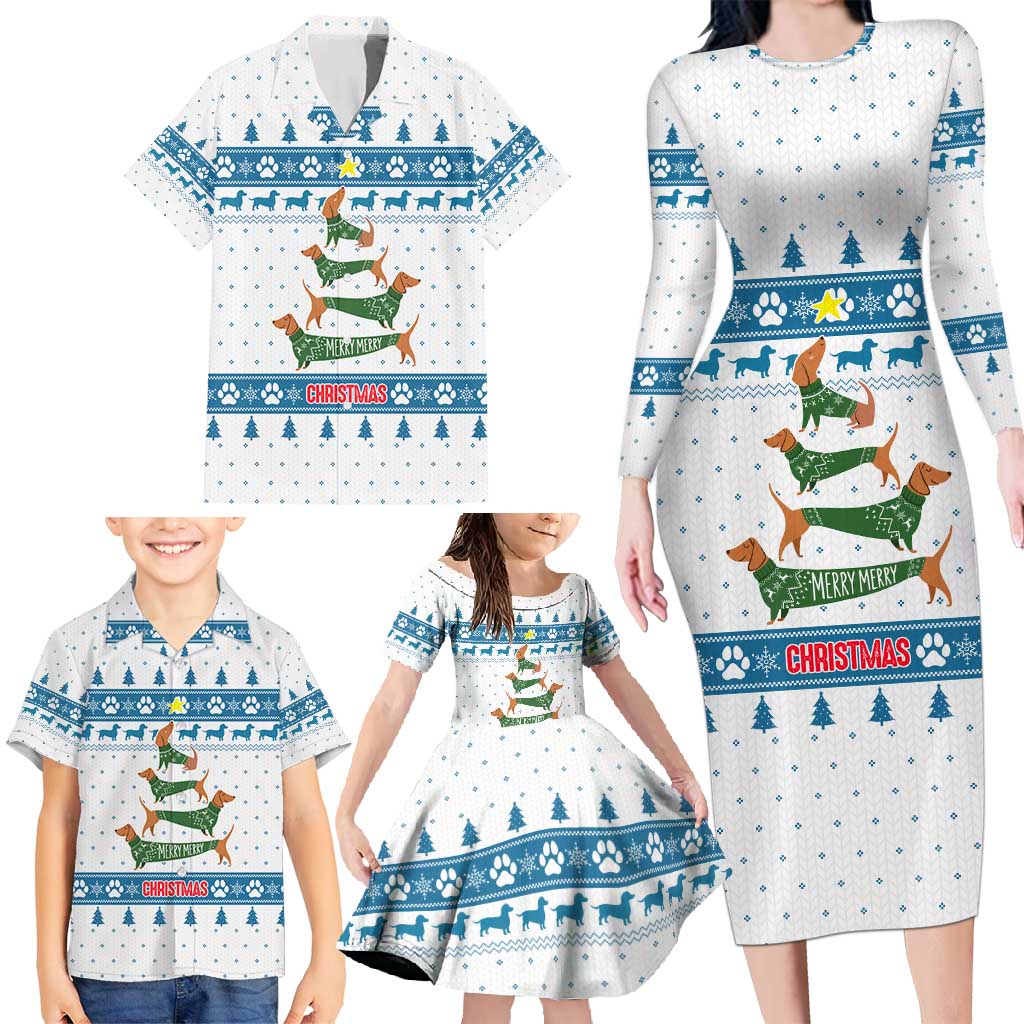Dachshund Dog Tree Stack Family Matching Long Sleeve Bodycon Dress and Hawaiian Shirt with Blue White Paw Print Pattern Design - Wonder Print Shop