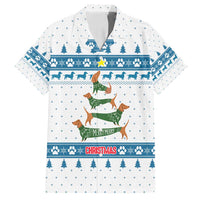 Dachshund Dog Tree Stack Family Matching Long Sleeve Bodycon Dress and Hawaiian Shirt with Blue White Paw Print Pattern Design - Wonder Print Shop