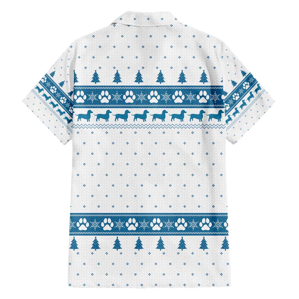 Dachshund Dog Tree Stack Family Matching Long Sleeve Bodycon Dress and Hawaiian Shirt with Blue White Paw Print Pattern Design - Wonder Print Shop