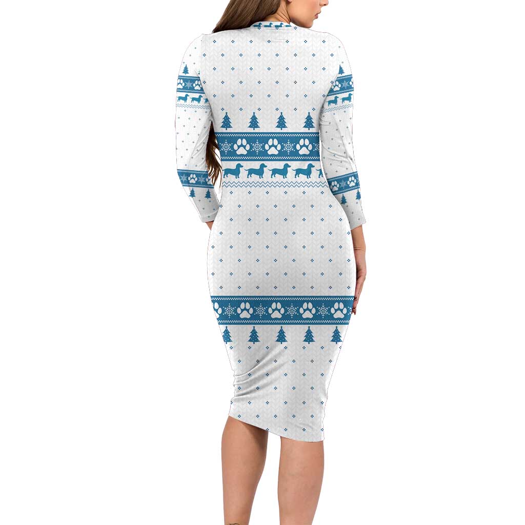 Dachshund Dog Tree Stack Family Matching Long Sleeve Bodycon Dress and Hawaiian Shirt with Blue White Paw Print Pattern Design - Wonder Print Shop
