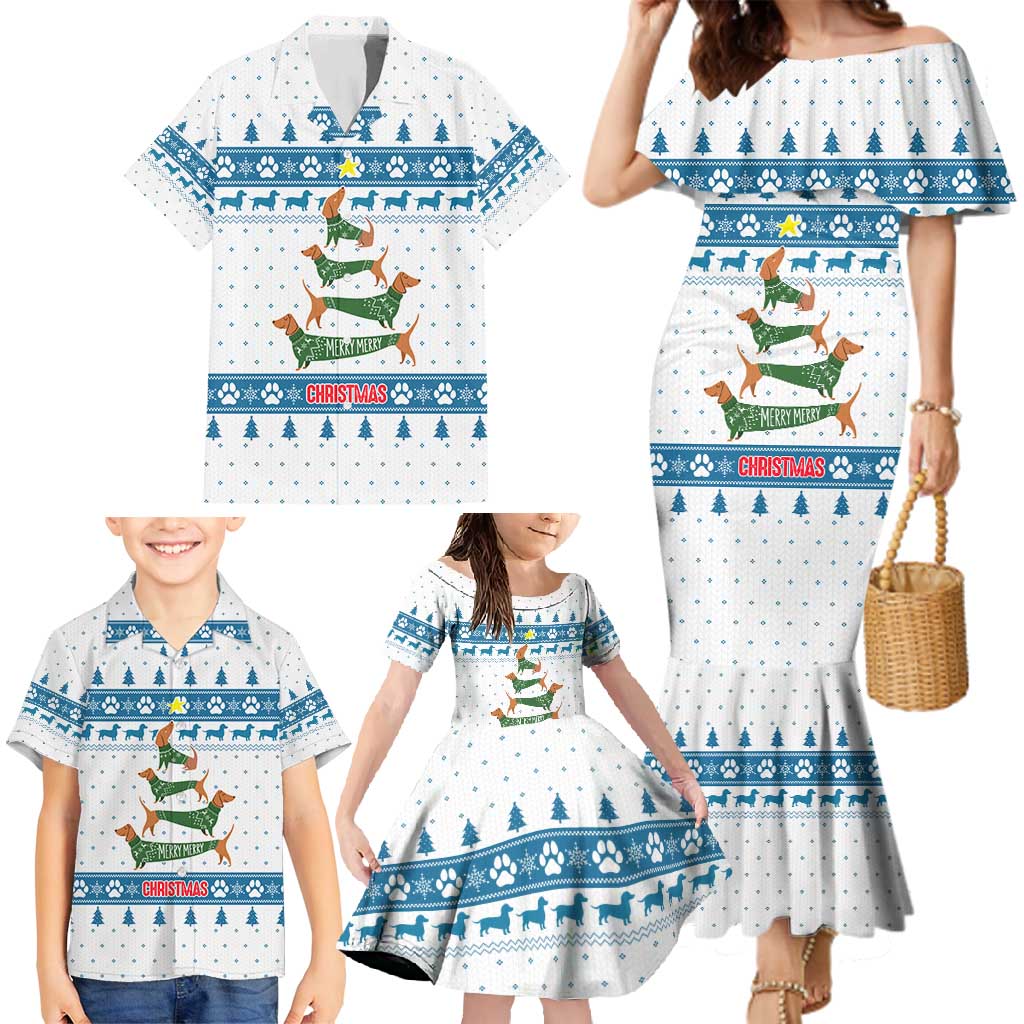 Dachshund Dog Tree Stack Family Matching Mermaid Dress and Hawaiian Shirt with Blue White Paw Print Pattern Design - Wonder Print Shop