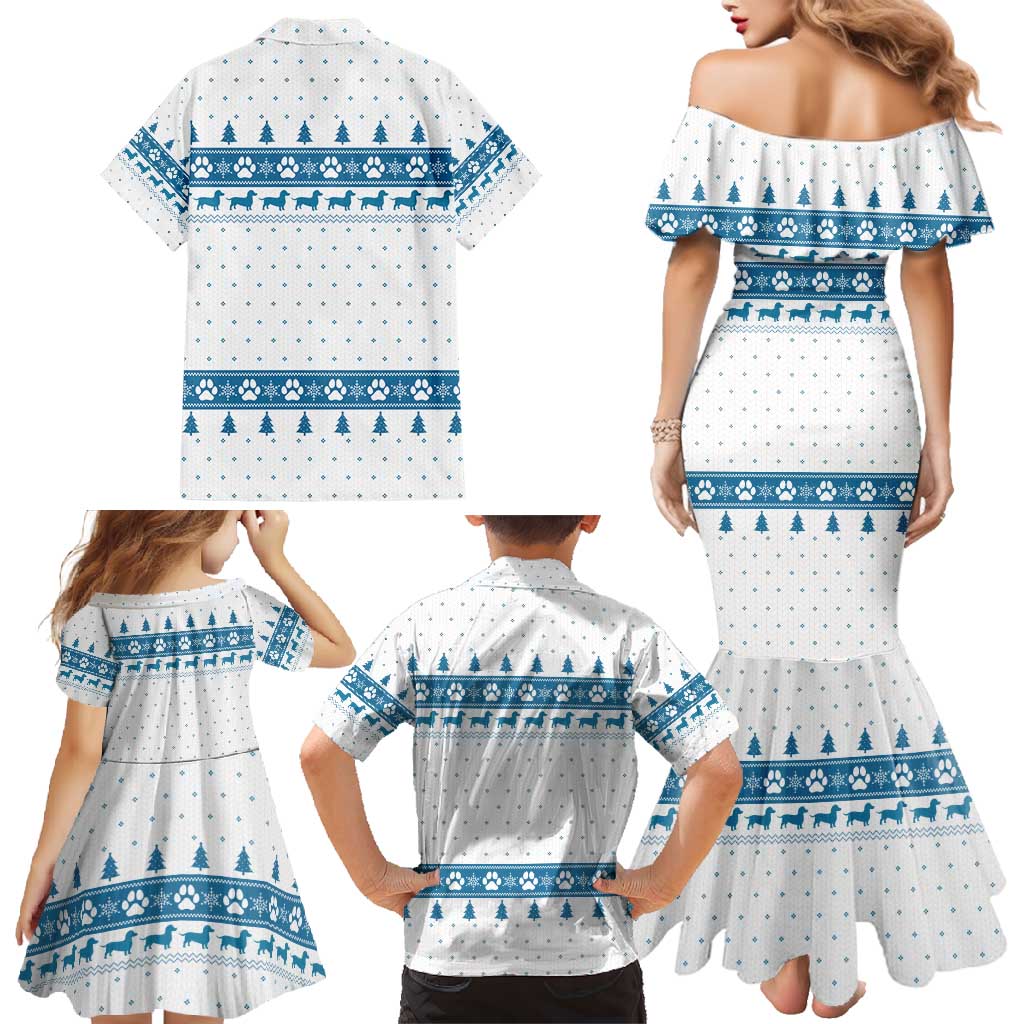 Dachshund Dog Tree Stack Family Matching Mermaid Dress and Hawaiian Shirt with Blue White Paw Print Pattern Design - Wonder Print Shop