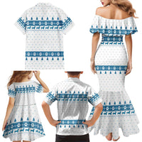 Dachshund Dog Tree Stack Family Matching Mermaid Dress and Hawaiian Shirt with Blue White Paw Print Pattern Design - Wonder Print Shop