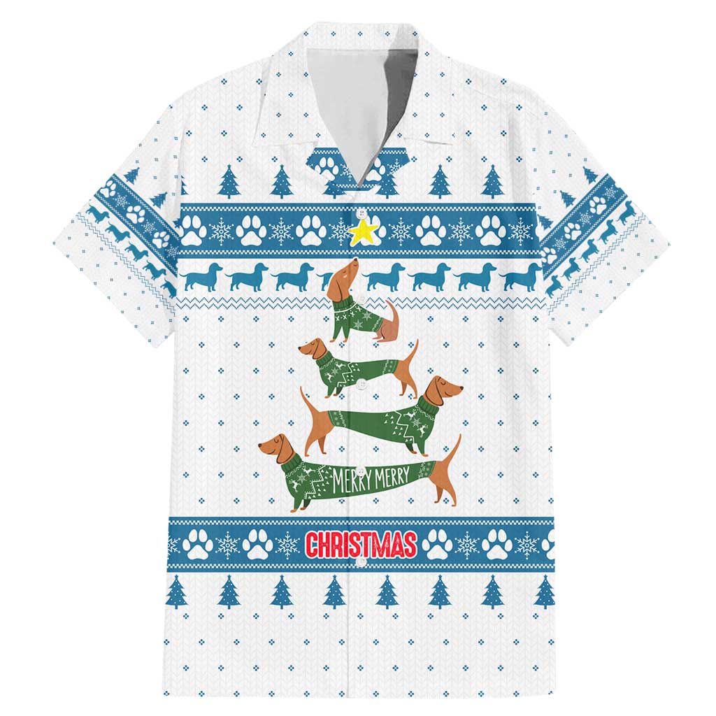 Dachshund Dog Tree Stack Family Matching Mermaid Dress and Hawaiian Shirt with Blue White Paw Print Pattern Design - Wonder Print Shop