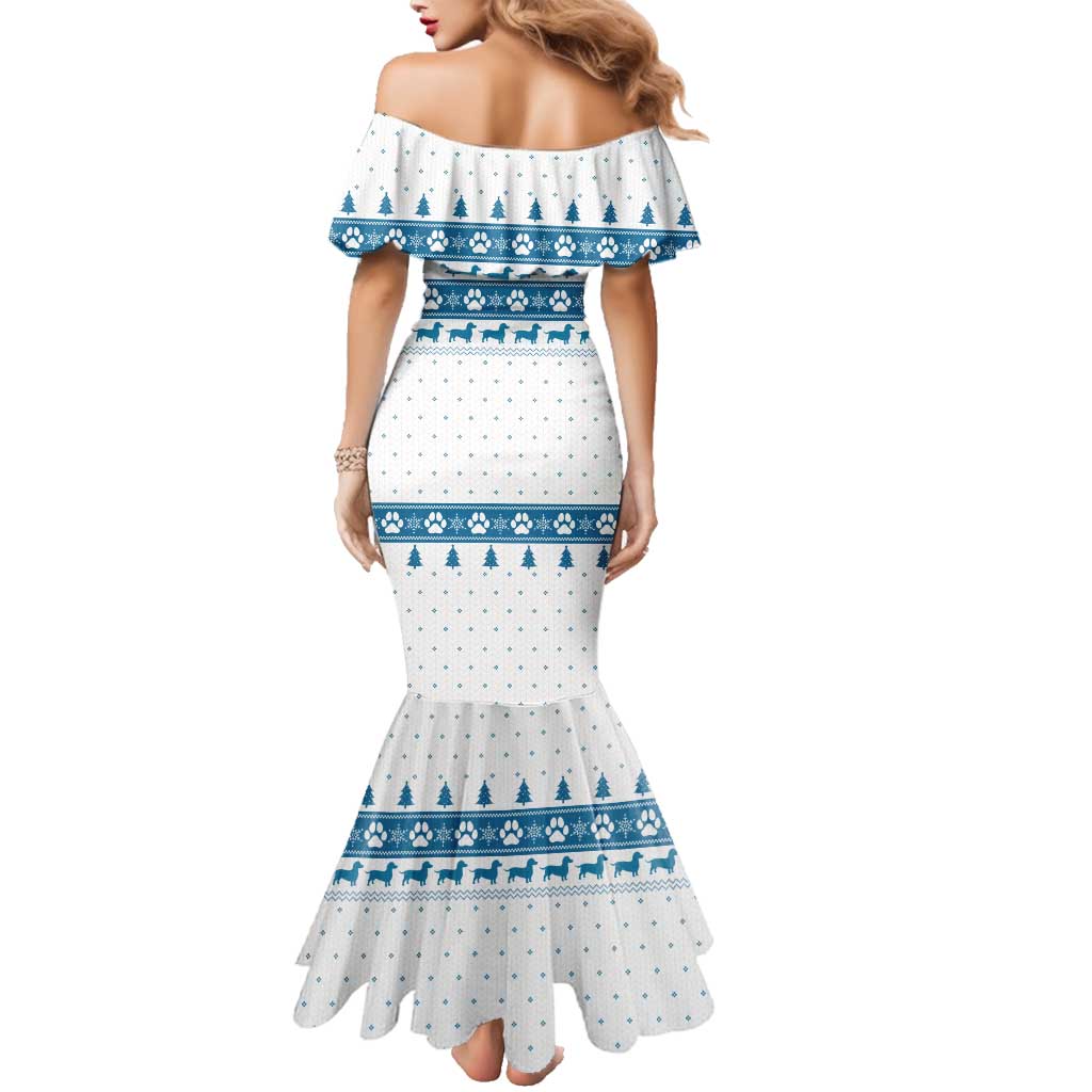 Dachshund Dog Tree Stack Family Matching Mermaid Dress and Hawaiian Shirt with Blue White Paw Print Pattern Design - Wonder Print Shop