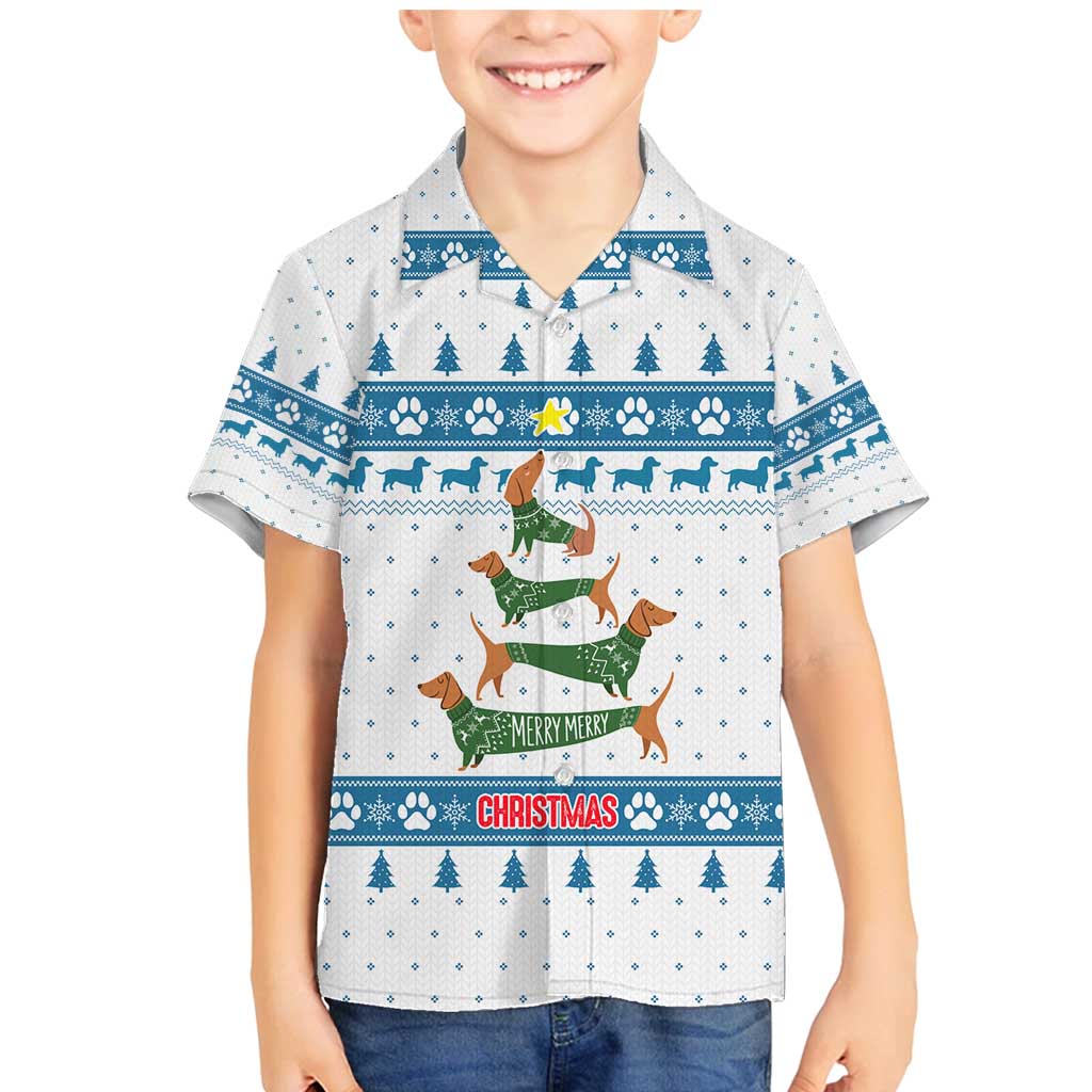 Dachshund Dog Tree Stack Family Matching Mermaid Dress and Hawaiian Shirt with Blue White Paw Print Pattern Design - Wonder Print Shop