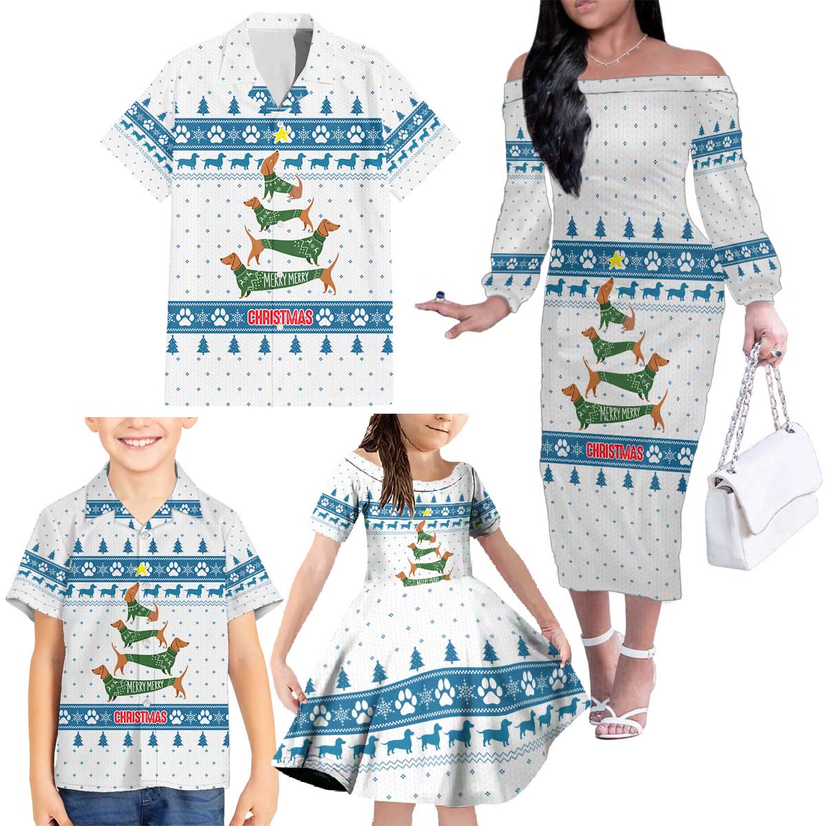 Dachshund Dog Tree Stack Family Matching Off The Shoulder Long Sleeve Dress and Hawaiian Shirt with Blue White Paw Print Pattern Design - Wonder Print Shop