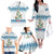 Dachshund Dog Tree Stack Family Matching Off The Shoulder Long Sleeve Dress and Hawaiian Shirt with Blue White Paw Print Pattern Design - Wonder Print Shop