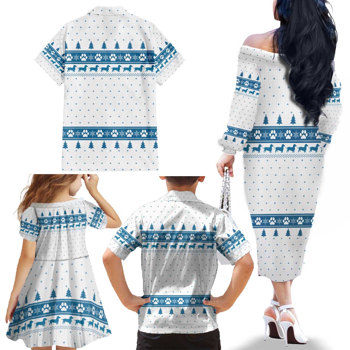 Dachshund Dog Tree Stack Family Matching Off The Shoulder Long Sleeve Dress and Hawaiian Shirt with Blue White Paw Print Pattern Design - Wonder Print Shop
