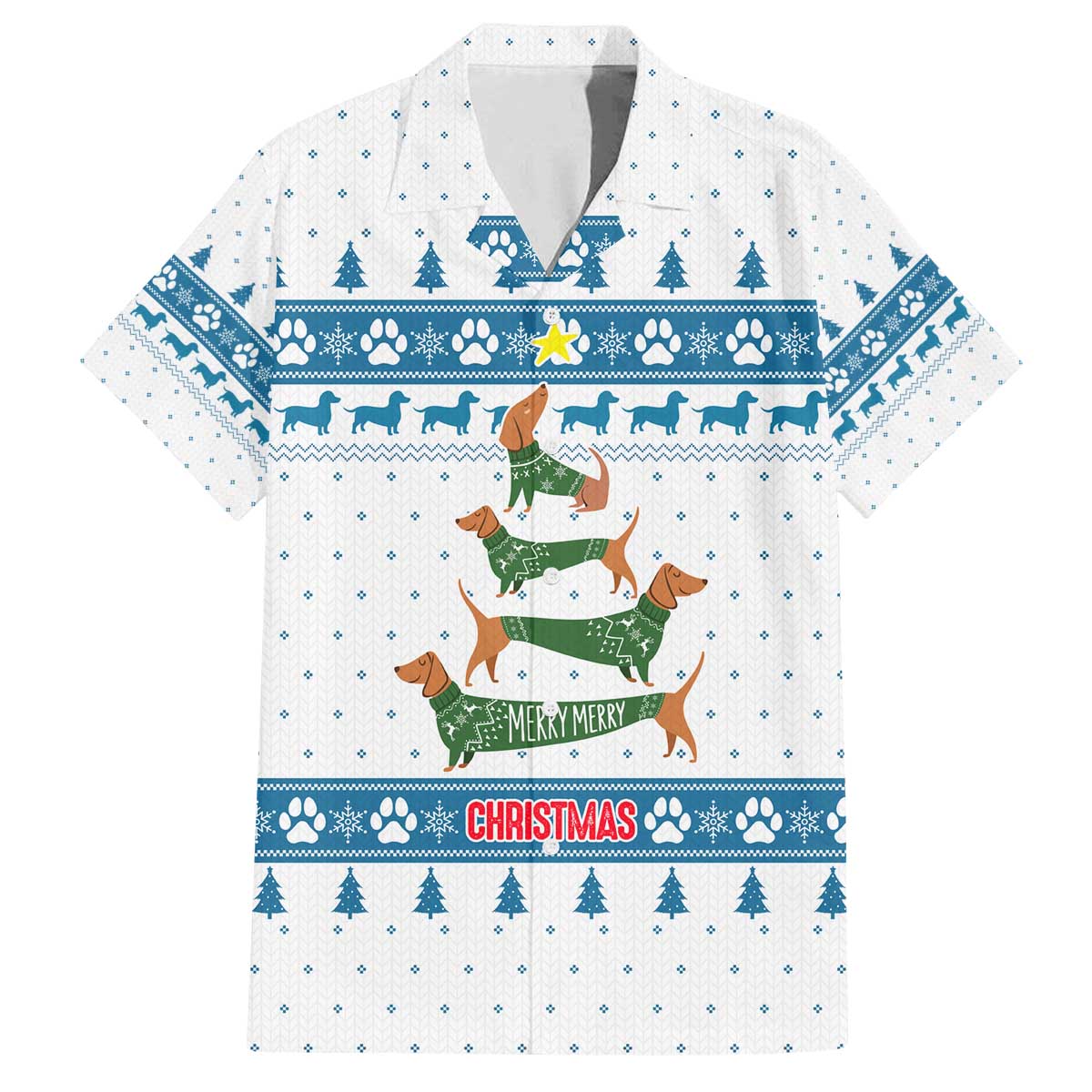 Dachshund Dog Tree Stack Family Matching Off The Shoulder Long Sleeve Dress and Hawaiian Shirt with Blue White Paw Print Pattern Design - Wonder Print Shop