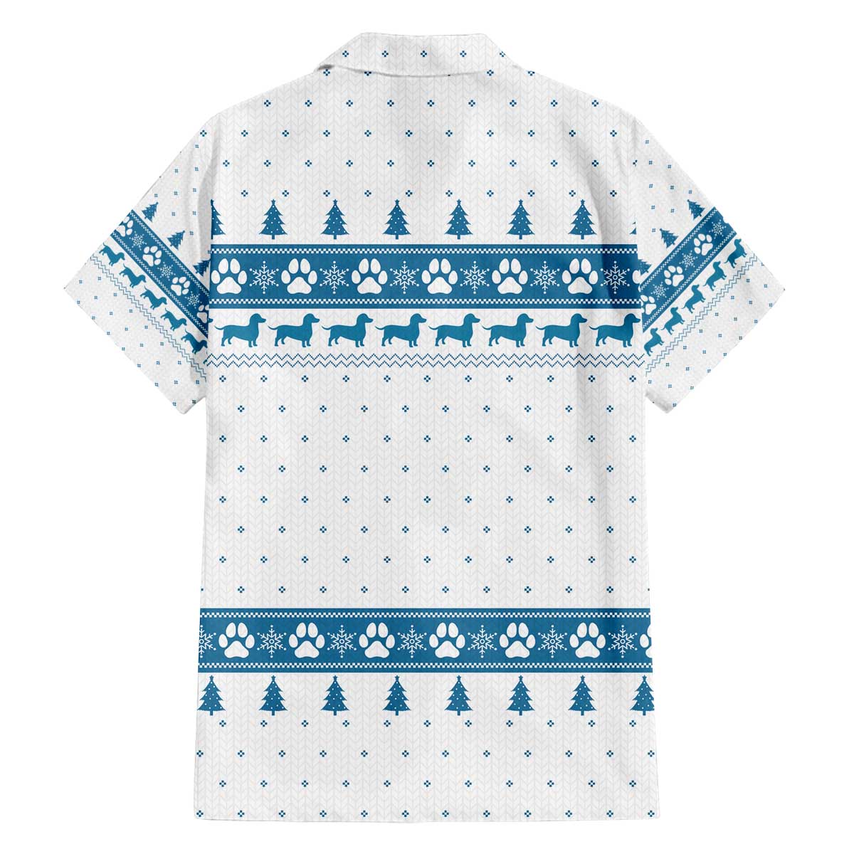 Dachshund Dog Tree Stack Family Matching Off The Shoulder Long Sleeve Dress and Hawaiian Shirt with Blue White Paw Print Pattern Design - Wonder Print Shop