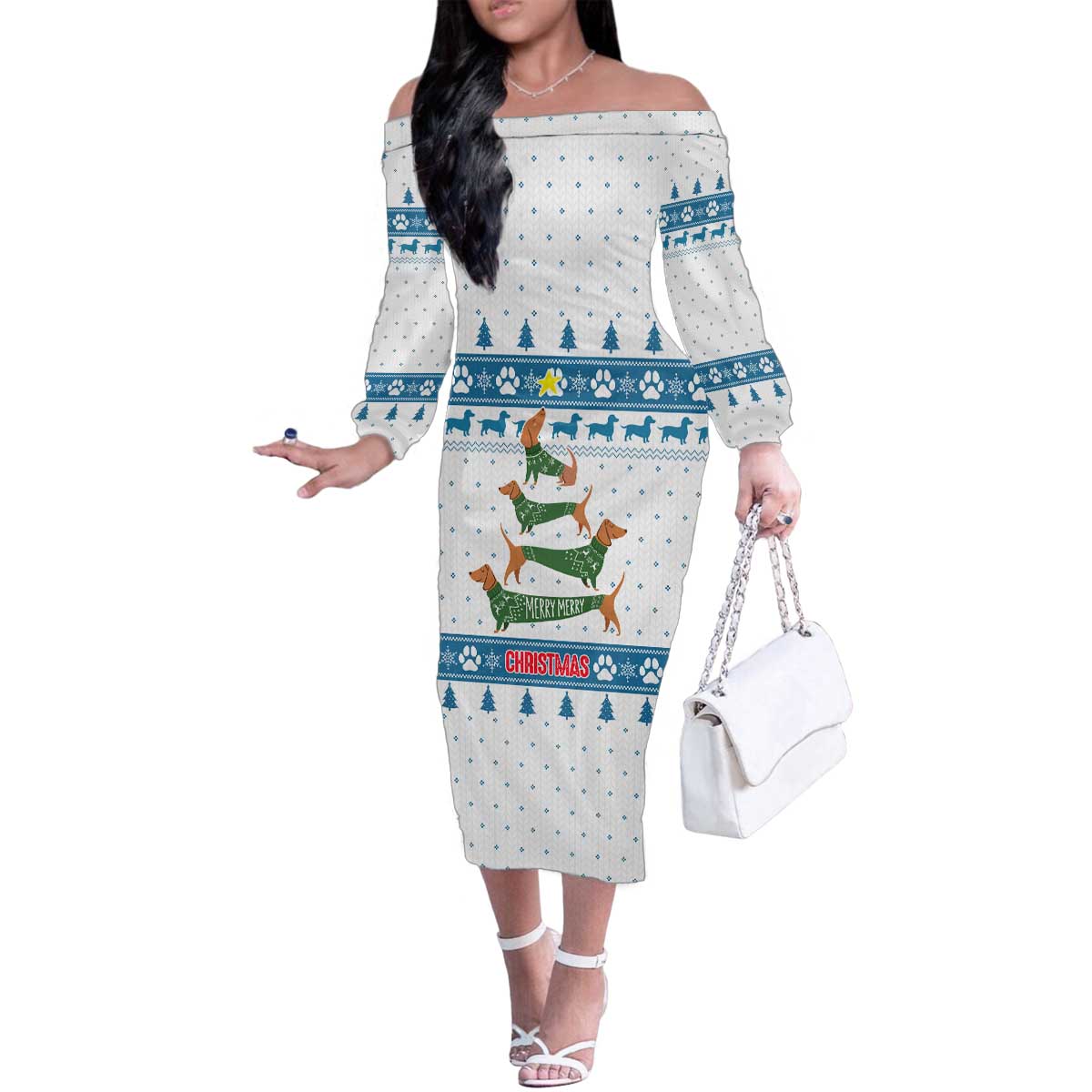 Dachshund Dog Tree Stack Family Matching Off The Shoulder Long Sleeve Dress and Hawaiian Shirt with Blue White Paw Print Pattern Design - Wonder Print Shop