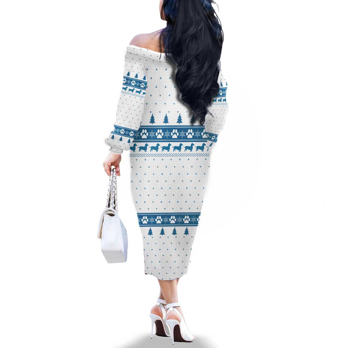 Dachshund Dog Tree Stack Family Matching Off The Shoulder Long Sleeve Dress and Hawaiian Shirt with Blue White Paw Print Pattern Design - Wonder Print Shop