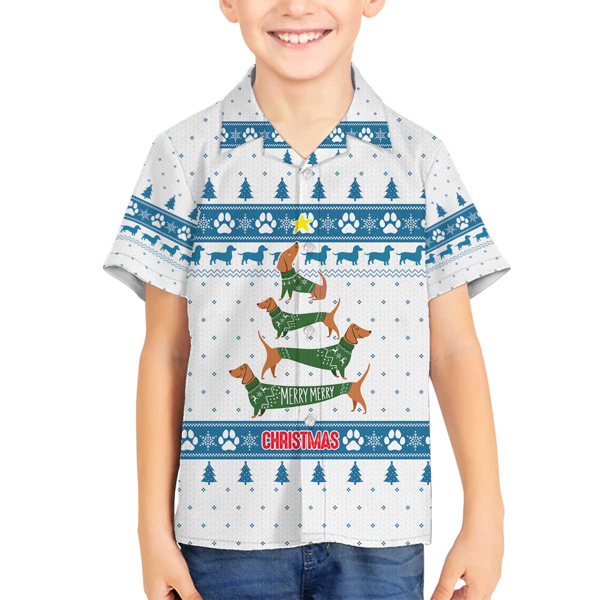 Dachshund Dog Tree Stack Family Matching Off The Shoulder Long Sleeve Dress and Hawaiian Shirt with Blue White Paw Print Pattern Design - Wonder Print Shop