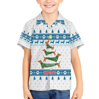 Dachshund Dog Tree Stack Family Matching Off The Shoulder Long Sleeve Dress and Hawaiian Shirt with Blue White Paw Print Pattern Design - Wonder Print Shop