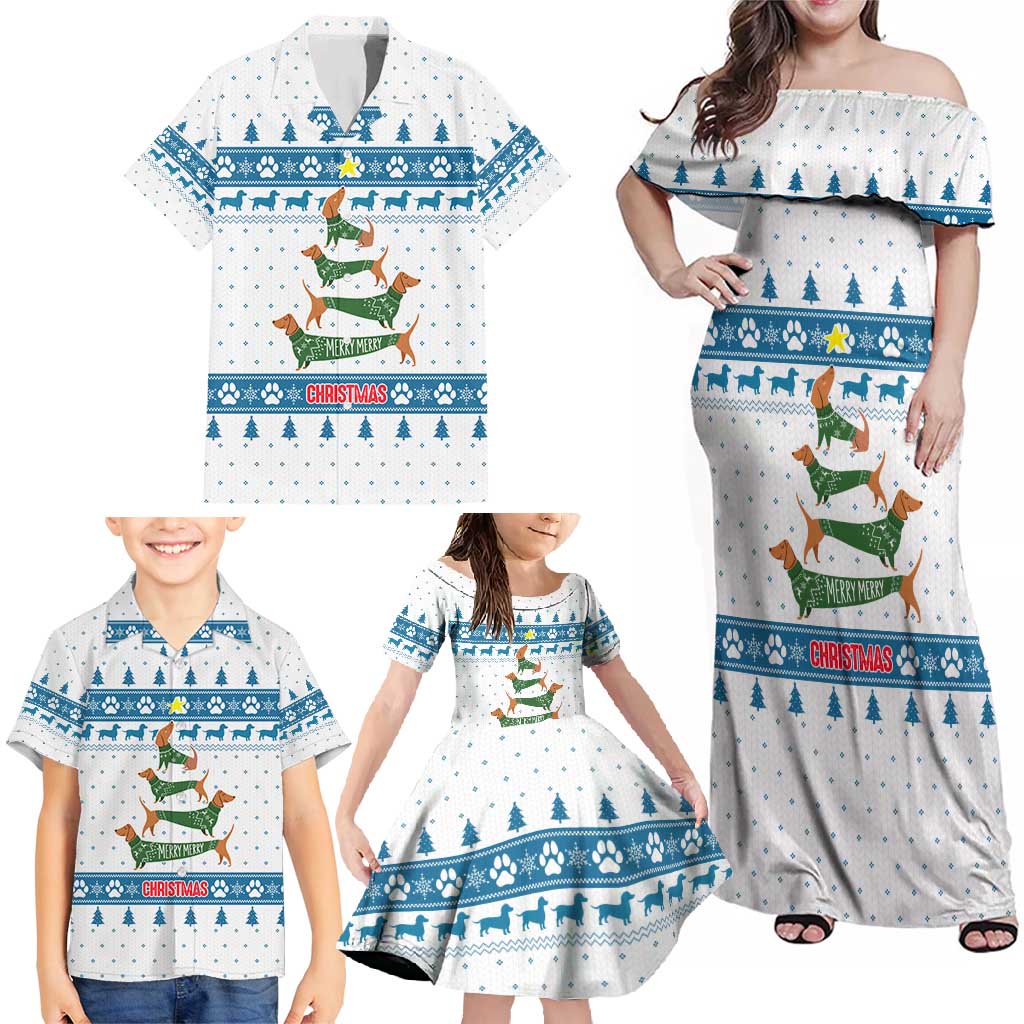 Dachshund Dog Tree Stack Family Matching Off Shoulder Maxi Dress and Hawaiian Shirt with Blue White Paw Print Pattern Design - Wonder Print Shop
