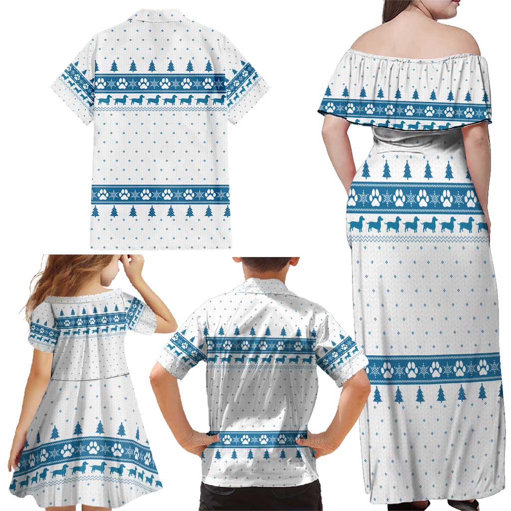 Dachshund Dog Tree Stack Family Matching Off Shoulder Maxi Dress and Hawaiian Shirt with Blue White Paw Print Pattern Design - Wonder Print Shop