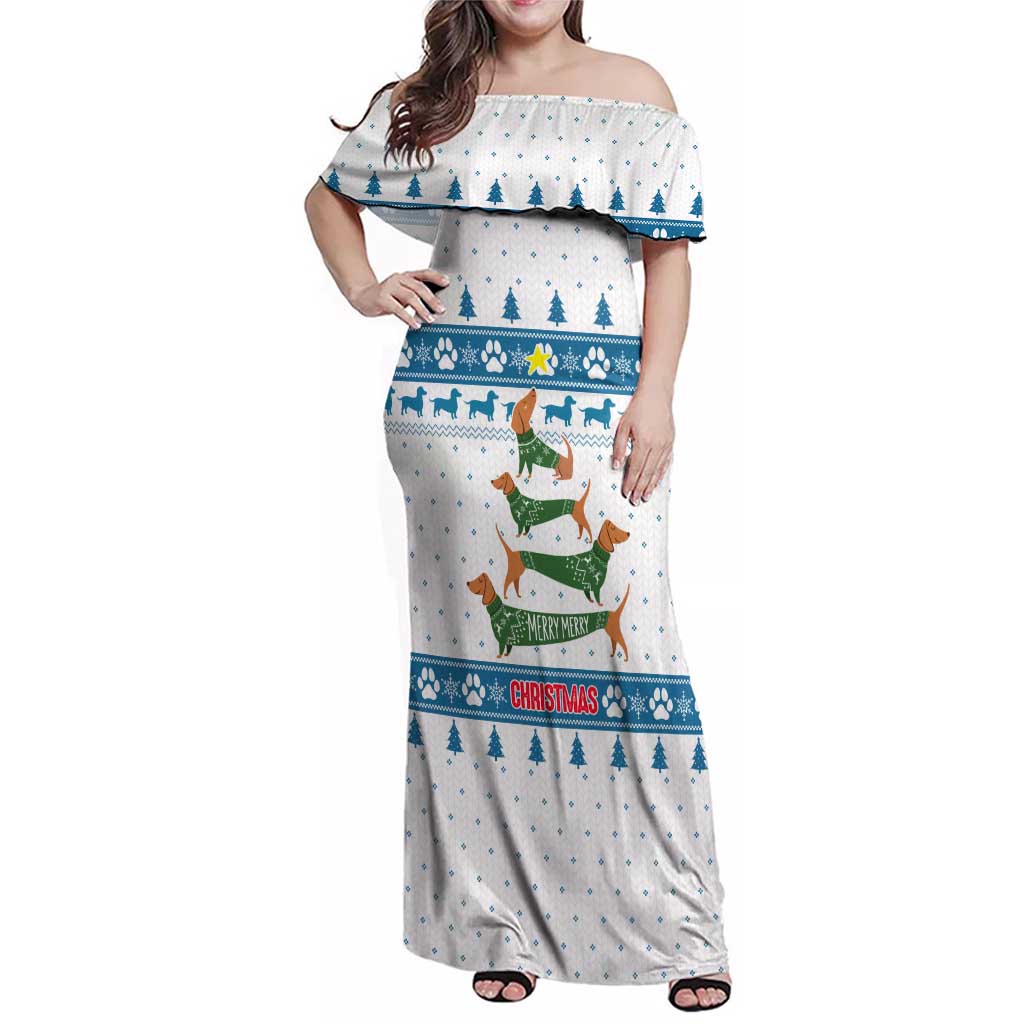 Dachshund Dog Tree Stack Family Matching Off Shoulder Maxi Dress and Hawaiian Shirt with Blue White Paw Print Pattern Design - Wonder Print Shop