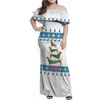 Dachshund Dog Tree Stack Family Matching Off Shoulder Maxi Dress and Hawaiian Shirt with Blue White Paw Print Pattern Design - Wonder Print Shop