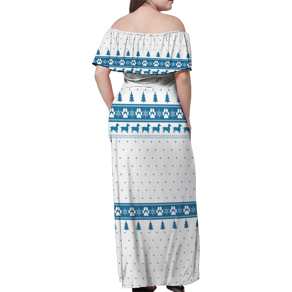 Dachshund Dog Tree Stack Family Matching Off Shoulder Maxi Dress and Hawaiian Shirt with Blue White Paw Print Pattern Design - Wonder Print Shop