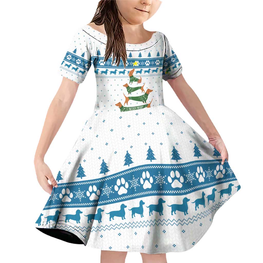 Dachshund Dog Tree Stack Family Matching Off Shoulder Short Dress and Hawaiian Shirt with Blue White Paw Print Pattern Design - Wonder Print Shop