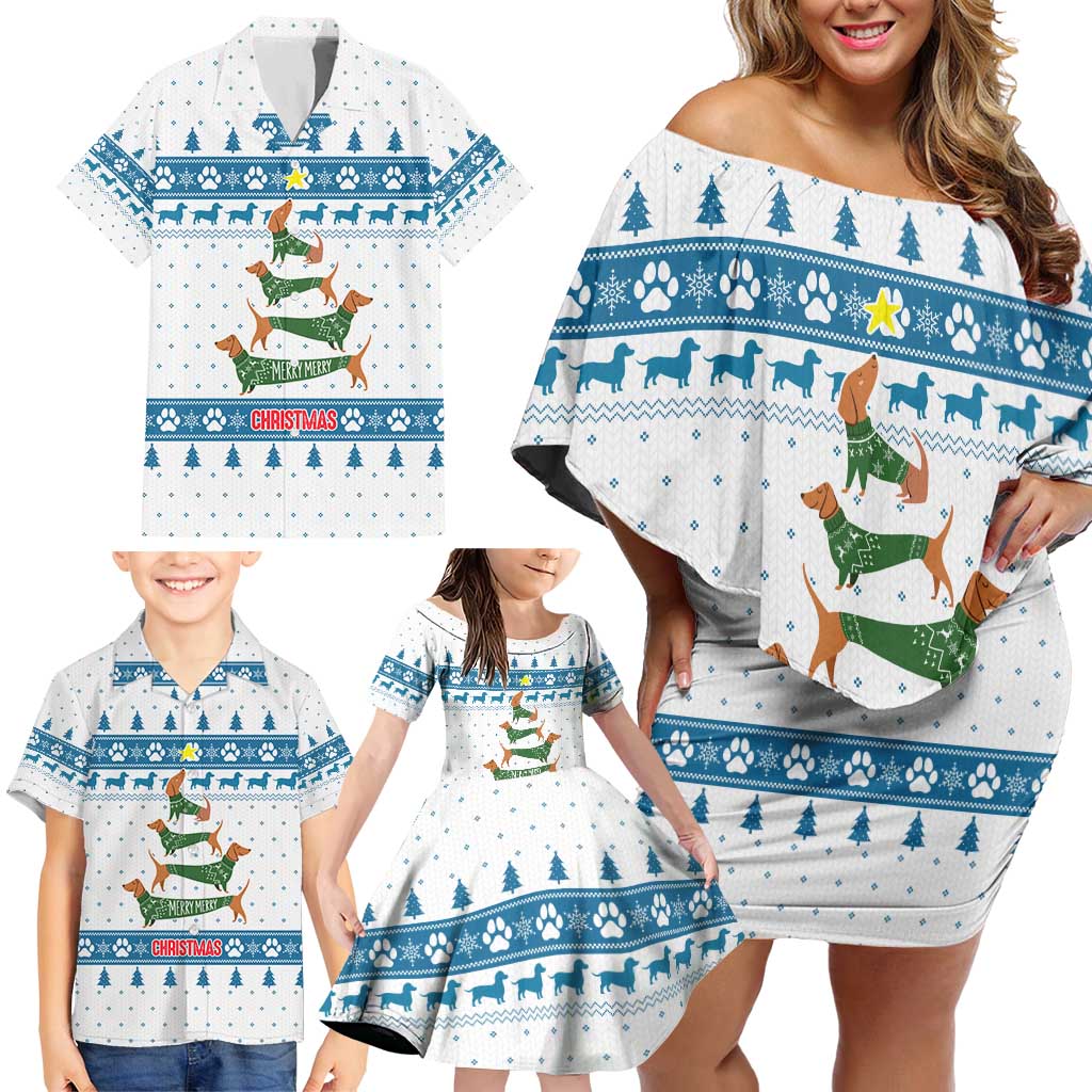 Dachshund Dog Tree Stack Family Matching Off Shoulder Short Dress and Hawaiian Shirt with Blue White Paw Print Pattern Design - Wonder Print Shop