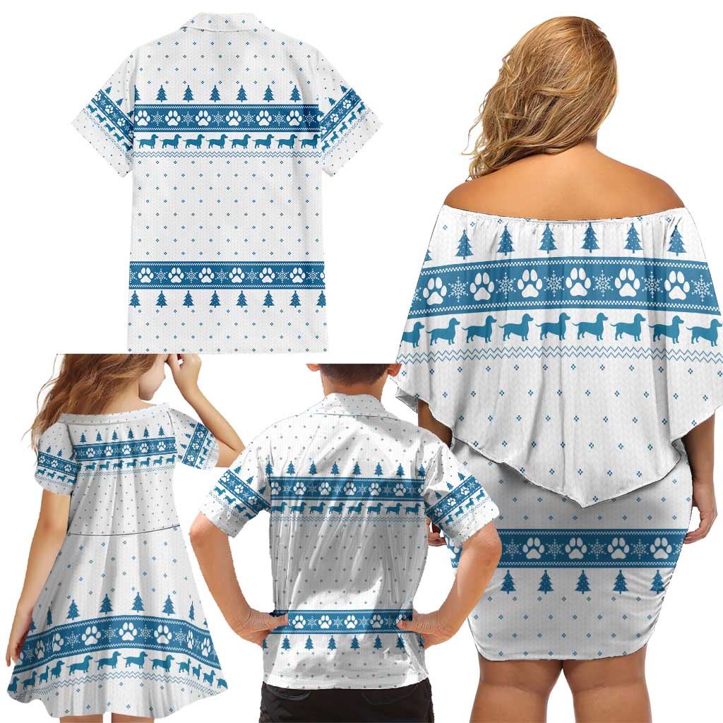 Dachshund Dog Tree Stack Family Matching Off Shoulder Short Dress and Hawaiian Shirt with Blue White Paw Print Pattern Design - Wonder Print Shop